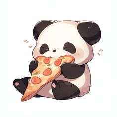 a panda bear eating a slice of pizza