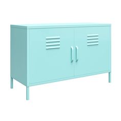 a light blue cabinet with two doors and three drawers