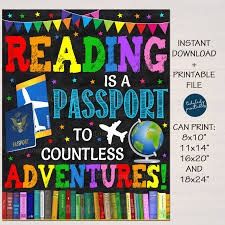 a poster with the words reading is a passport to countless adventures and an airplane on it