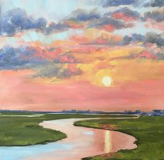 an oil painting of a sunset over a river