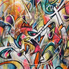 an abstract painting with many different colors and shapes on it's side, including the letters