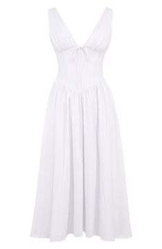 This sweet stretch-poplin midi gets a sultry update with its deeply dipped neckline and corseted bodice. Exclusive retailer Hidden back-zip closure Deep V-neck Sleeveless Lined 65% cotton, 32% nylon, 3% elastane Dry clean Imported White Midi Dress With Corset, V Nevk White Dress, White Dress V Neck, Fate Winx Saga, Mia Dress, Getaway Dress, Cotton Corset, House Of Cb Dresses, White Corset