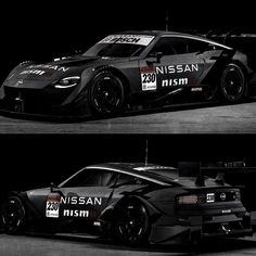 the nissan sports car is shown in two different views