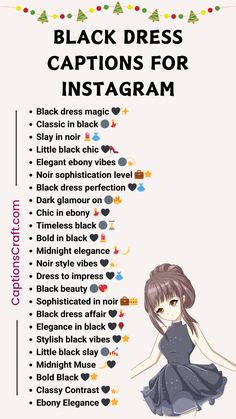 an info sheet with the words black dress captions for instagramm on it