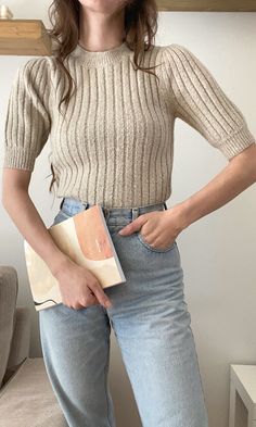 Soft and cozy, our Francis knit top is knitted from a marled rib knit in a neutral grey/taupe shade. It has a medium weight to the touch. Crew neckline with short sleeves, has ample stretch and it's meant to fit slim and easy. Length from shoulder to hem: 22 1/2" Across chest: 15 1/2" Sleeve length: 12 3/8“ imported  7 Knit Top Outfit Summer, Short Sleeve Knit Top, Taupe Sweater, Neutral Tops, Knit Blouse, Luxury Women Fashion, Knitted Tops