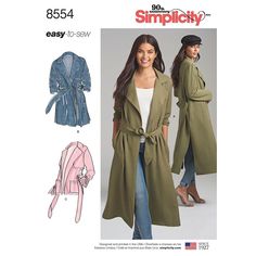 Misses and Misses Petite Coats and Jackets.Simplicity Sewing Pattern 8554.From the 'Easy to Sew' range.Sized for miss and miss petite, easy to sew soft trench and jacket are the perfect layering pieces. Length options include short, mid and long with side slits with optional pockets and ties.Recommended fabricsChallis, Chambray, Crepe, soft lightweight Linen Types, Silky Types. Extra fabric needed to match plaids, stripes or one-way design fabrics. Long Coat Pattern, Petite Coats, Jacket Sewing, Trench Dress, Jacket Pattern Sewing, Petite Coat, Wardrobe Planning, Simplicity Sewing, Pattern Library