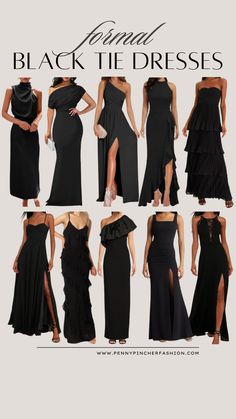 several different styles of black dresses with one side slited out and the other side open