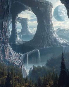 an alien landscape with mountains, trees, and water in the foreground is a waterfall