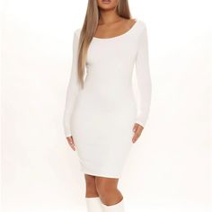 Fashionnova White Midi Dress Long-Sleeve Size M Long Sleeve Bodycon Dress For Brunch, Bodycon Long Sleeve Dress For Brunch, White Midi Length Long Sleeve Dress For Brunch, Fitted White Long Sleeve Dress For Fall, White Fitted Long Sleeve Dress For Fall, White Long Sleeve Dress For Winter, Casual White Bodycon Dress For Fall, White Long Sleeve Mini Dress For Spring, White Knee-length Bodycon Dress For Fall