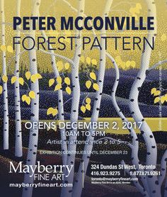 the poster for peter mconville's forest pattern exhibition, featuring trees with yellow leaves