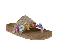 Elastic, Raffia, Faux Leather upper, Slip on for easy entry,1\ sole height, Open round toe with toe loop, Contoured cushioned footbed, Synthetic outsole, Flower appliques with rhinestone details | Women's Italian Shoemakers Patrisha Footbed Sandals in Bright Size 7 Footbed Sandals, Flower Applique, Women's Sandals, Women's Shoes Sandals, Open Toe, Casual Looks, Womens Sandals, Shoes Sandals, Heel Height