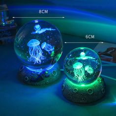 two jellyfishs glow in the water inside glass globes on a blue background