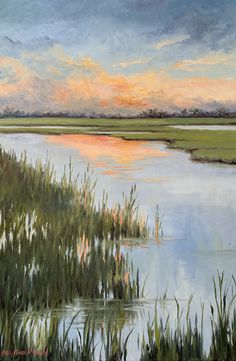 an oil painting of grass and water at sunset