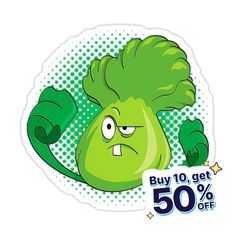 a sticker with an angry broccoli character on it's back and the words buy 10 get 50 % off