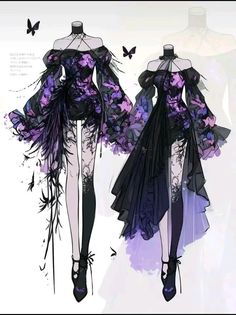 an illustration of two dresses with purple flowers on the shoulders and one in black dress