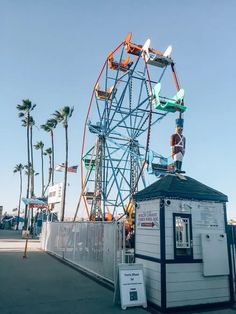 an amusement park ride with palm trees in the background