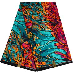 a colorful scarf with an abstract design on the front and back side, in blue, orange