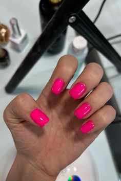 Pink | summer trendy nails | summer nail design 2024 | Trendy summer nails | Hot Pink Gel Nails Short, Summer Trendy Nails, Nails Hot Pink, Trendy Summer Nails, Pink Nail Colors, Square Nail, Solid Color Nails, Hot Pink Nails, Square Nail Designs