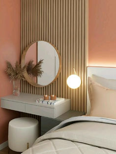 a bedroom with a bed, mirror and stool in front of the wall that has vertical stripes on it