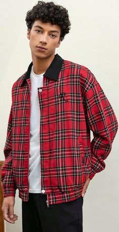 Plaid Outerwear With Pockets For Streetwear, Casual Plaid Outerwear For Streetwear, Casual Plaid Patchwork Outerwear, Casual Plaid Outerwear With Casual Collar, Red Patchwork Outerwear For College, Casual Red Patchwork Outerwear, Plaid Cotton Outerwear With Patchwork, Casual Collar Plaid Cotton Outerwear, Plaid Cotton Outerwear With Casual Collar