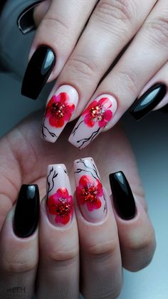 Embrace the beauty of nature with this exquisite nail design featuring vibrant red flowers blooming on a soft pink base. Accented with delicate black branches and sparkling embellishments at the flower centers, this look marries elegance and artistry. Pairing these floral beauties with sleek black nails offers a striking contrast, making this design perfect for any occasion where you want to stand out!
#winternails #floralnails #acrylicnails #nailsideas #nailsdesign Flower Center, Floral Nails, Black Nails, Winter Nails, Vibrant Red, Red Flowers, Nail Inspo, Soft Pink, Acrylic Nails