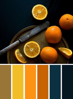 oranges are arranged on a plate with knife and color swatches