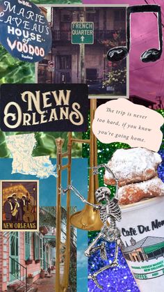 collage of various images with words and pictures on them, such as new orleans