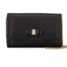 A Signature Vara Bow Sets Off An Elegant Crossbody Bag Accented With Logo-Etched Hardware And Designed With An Optional Gleaming Chain Strap. Ferragamo Bag, Salvatore Ferragamo Bags, Gold Wallet, Vintage Crossbody Bag, Cross Body Purse, Iconic Bags, Wallet Chain, Black Cross Body Bag, Flap Bag