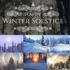 the winter solstice is shown in four different pictures, including trees and snow