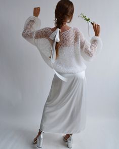 Elegant White Hand Knitted Sweater, Winter Wedding Mohair Sweater, White Wedding Sweater For Winter, White Winter Wedding Sweater, White Long Sleeve Wedding Sweater, White Mohair Sweater, Mohair Sweater Knit, Loose Knit Cardigan, Chic Sweater