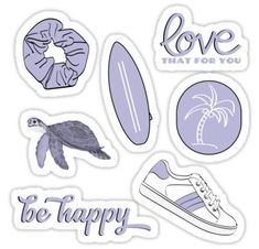 some stickers that say love and have different things on them, including a turtle