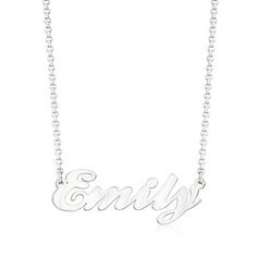 Ross-Simons - Personalized Script Name Necklace in Sterling Silver. 16". Spelled out in polished sterling silver, your name looks (almost) as bright as you! This necklace can be personalized for FREE with up to 9 characters in script font. Also makes a great gift. Rolo chain. Lobster clasp, sterling silver name necklace. Silver Nameplate Necklace For Everyday, Custom Name Silver Necklace For Everyday, Silver Custom Name Necklace For Everyday, Everyday Silver Nameplate Necklace, Everyday Silver Custom Name Necklace, Classic Silver Jewelry With Custom Text, Classic Silver Customizable Name Necklace, Sterling Silver Necklace With Custom Name, Silver Name Necklace For Everyday Wear