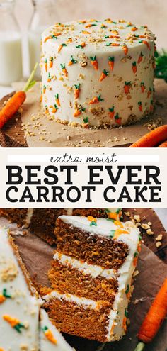 carrot cake with white frosting and green sprinkles on top, next to the best ever carrot cake