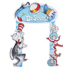 the dr seuss sign has three cats in the hat stickers hanging from it