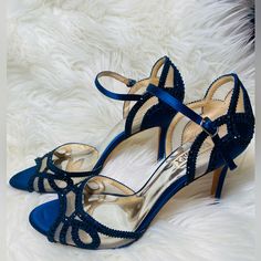 Gorgeous Heels. Mesh Is Nude So They Are Stunning On. Never Worn, Too Big For Me. Elegant Blue Sandals With 4-inch Heel, Glamorous Blue Sandals For Wedding, Blue Embellished Heels For Cocktail, Blue Embellished Heels For Gala, Blue Embellished Heels For Special Events, Blue Fitted Heels For Gala, Embellished Blue Heels For Gala, Blue Wedding Shoes With 4-inch Heel For Evening, Chic Blue Wedding Shoes For Evening