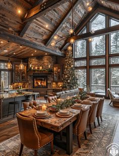 a dining room table with place settings and christmas decorations on the table in front of an open fireplace