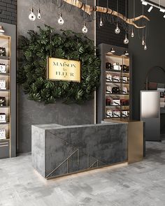 the interior of a shoe store with a wreath on the wall