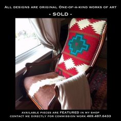 an old chair with a blanket on it in front of a window and the words, all designs are original one - off - kind work of art