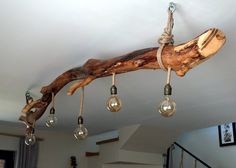 a wooden branch with light bulbs hanging from it's end in a living room