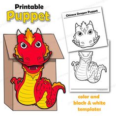 an image of a dragon in a box with the words printable puppett on it