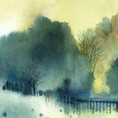 a watercolor painting of trees in the snow