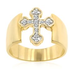 a gold ring with a cross on the front and two white diamonds in the middle