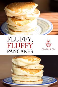 pancakes stacked on top of each other with the words fluffy fluffy pancakes written above them