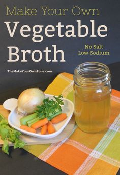 there is a jar of vegetable broth next to some carrots and celery