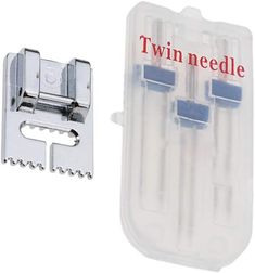 two needles in a plastic case next to a pair of screws on a white background