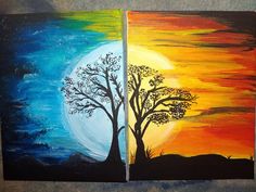 two paintings with trees painted on them