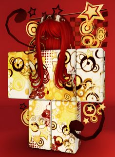 a red haired woman with long hair is surrounded by gift boxes