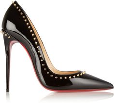 Christian Louboutin Anjalina 120 Studded Patent-Leather Pumps Christian Louboutin Shoes Outfit, Heels Christian Louboutin, Black High Heel Pumps, Louboutin Pigalle, Black Patent Leather Shoes, Christian Louboutin Outlet, Black Patent Leather Pumps, Black Slip On Shoes, Red Bottom