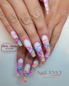 Summer Long Coffin Acrylic Nails, Nail Designs Summer Chrome, Neon Nails Art Design, Pink And Rainbow Nails, Rainbow Nail Inspiration, Hood Nails Art, Neon Color Nail Ideas, Chrome Summer Nails Designs, Clear And Neon Nails