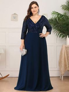 Custom Size Sequin Bodice Evening Dress with Three Quarter Sleeves - Ever-Pretty US Dress With Sleeve, Sukienki Plus Size, Sequin Evening Gowns, Gown Plus Size, Sequin Formal Dress, Plus Size Prom, Evening Dresses With Sleeves, Womens Prom Dresses, Sequin Evening Dresses